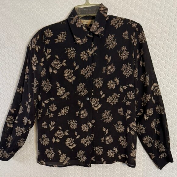 NWOT Chaus Floral Print Long Sleeve Sheer Button Up Blouse-Collar, Cuffs- Size 4 - Picture 5 of 7